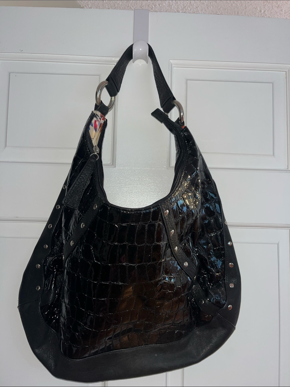 CHI Leather Black Croc-Embossed Large Hobo Bag